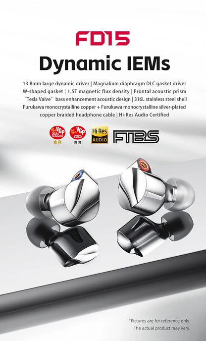FiiO FD15 Hi-Res Dynamic Driver In-Ear Earphones, 13.8mm DLC Wired HiFi Earbuds with Magnalium Driver, MMCX Detachable Cable, Audiophile In-Ear Monitors