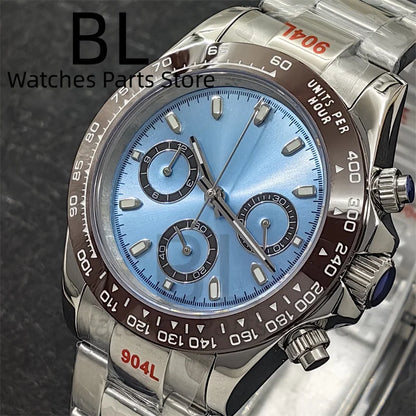 BLIGER 39mm VK63 Men's Quartz Chronograph Watch Ceramic Brown Insert Ice Blue Dial With C3 Luminous Sapphire Crystal Waterproof