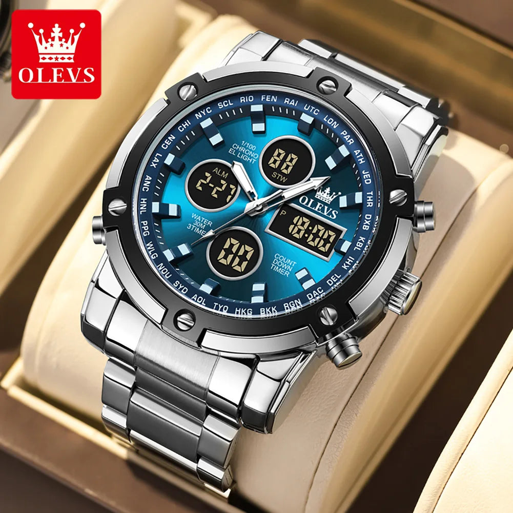 Relógio de homem OLEVS – Relógio de pulso de quartzo, estanque, em aço inoxidável, com ecrã LED – Estilo desportivo e moderno (modelo 1106)
