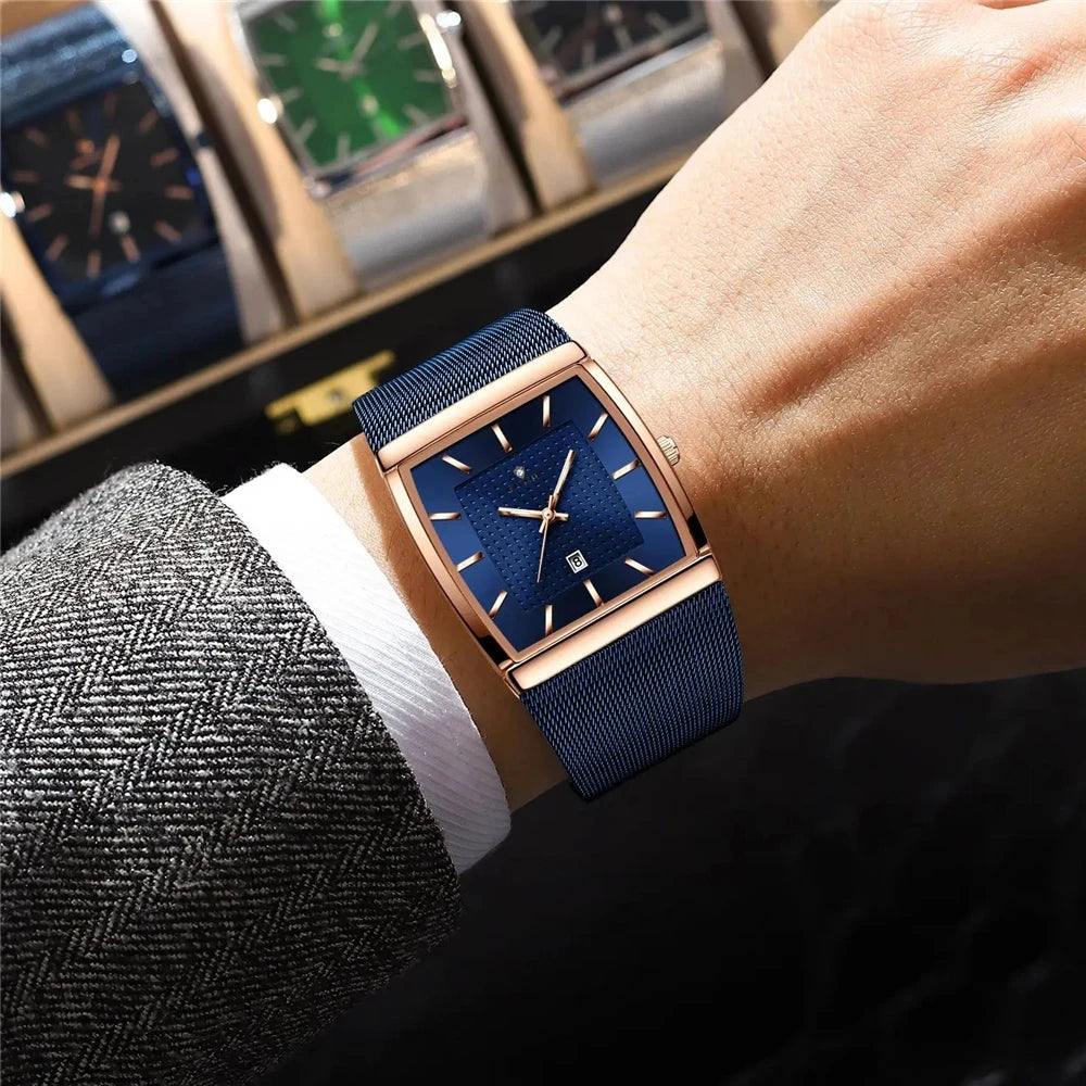 Montres-bracelets à quartz, nouvelles montres carrées pour hommes, couleur or rose, de haute qualité; montre de marque de luxe, modèle pour homme, cadran bleu.