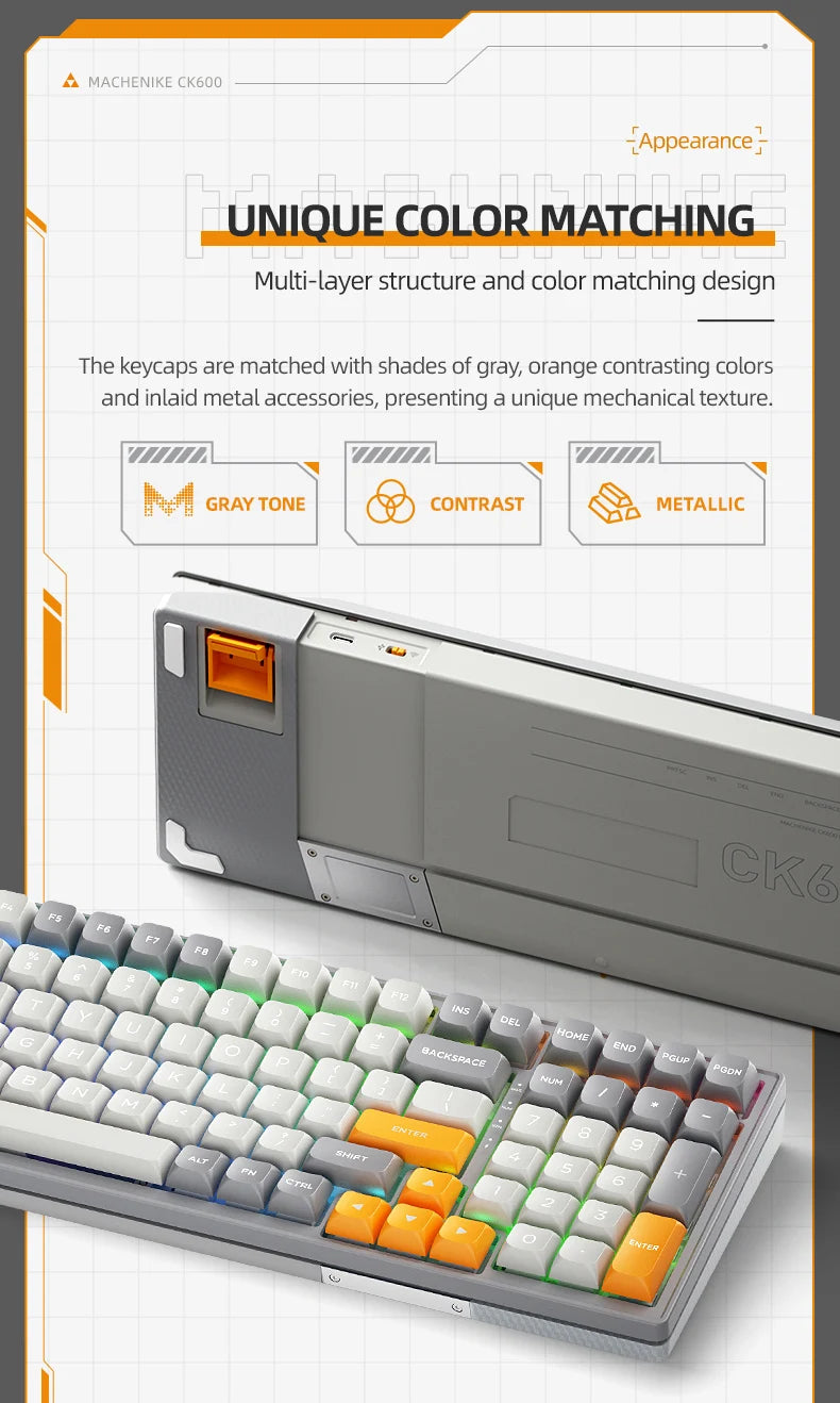 MACHENIKE CK600 Tri-Mode Mechanical Keyboard Full Size Wireless Gaming Keyboard Hot Swappable ANSI Layout For PC Gamer Office
