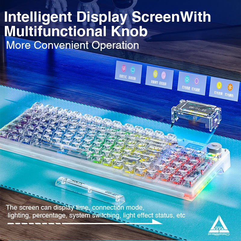 AULA F98PRO Wireless Mechanical Keyboard Transparent Keycaps RGB Backlit Custom 2.4G Hot Swappable Gaming Keyboard With Screem