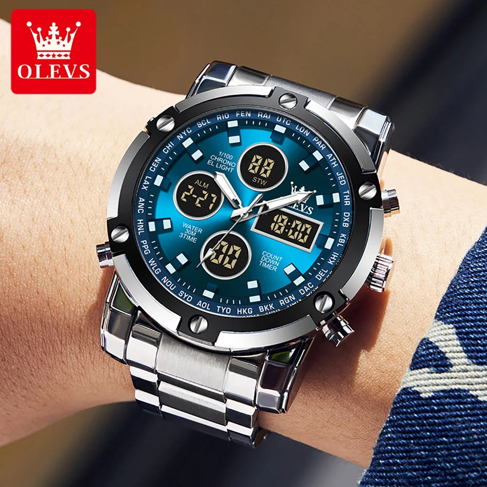 Relógio de homem OLEVS – Relógio de pulso de quartzo, estanque, em aço inoxidável, com ecrã LED – Estilo desportivo e moderno (modelo 1106)