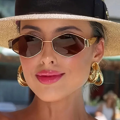 Fashion Hexagon Sunglasses for Women Retro Gold Frame Beach Vacation Travel Driving Glasses