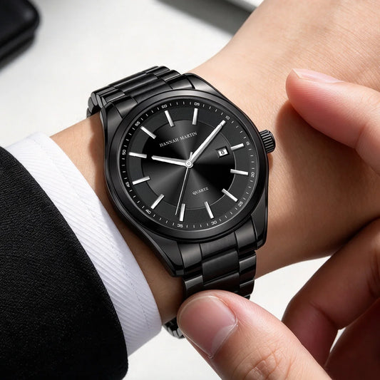 Relógio de quartzo HANNAH MARTIN, 40 mm, para homem, bracelete em aço inoxidável preto, resistente à água até 3 bar, estilo desportivo-chique