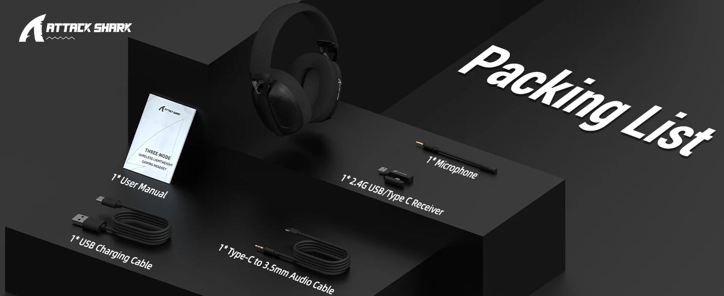 Cuffie gaming ATTACK SHARK L80 ultra leggere 180g – Wireless tri-mode (Bluetooth 5.3 / 2.4G / cablate), audio surround 5.1, driver da 40mm, microfono rimovibile