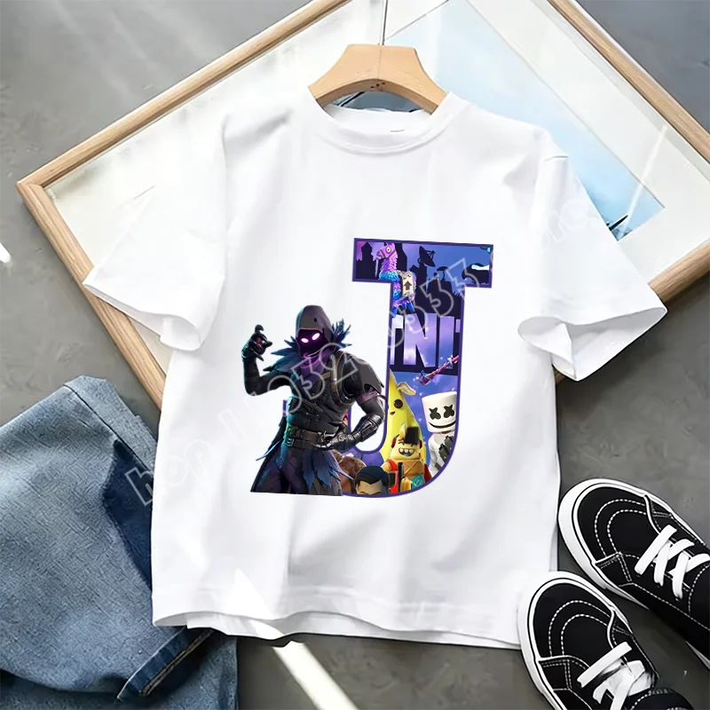 Тениска Fortnite A-Z Alphabet Print за деца, лятна бяла дреха, популярна тениска с анимационна игра, модерен ежедневен топ с къс ръкав, подарък