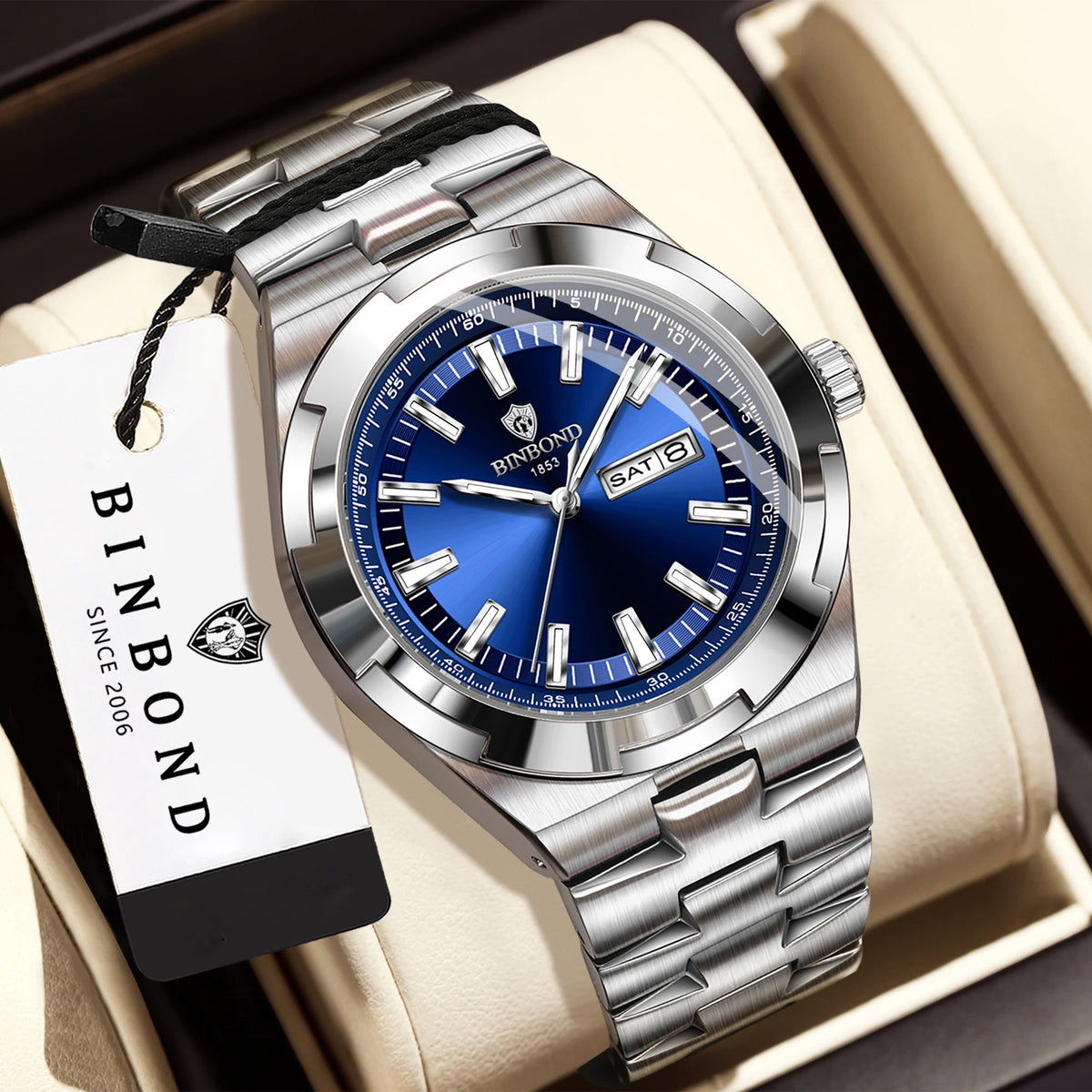 Orologi al quarzo BINBOND in acciaio inossidabile da uomo – Orologio di lusso, impermeabile e luminescente – Modello originale da uomo