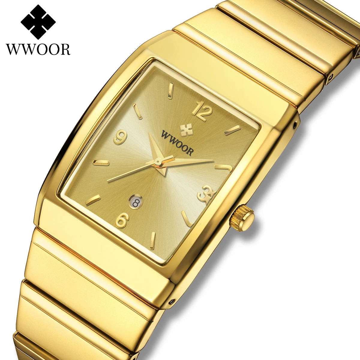 Relogio Masculino WWOOR New Man's Square Watch For Men with Automatic Date Luxury Stainless Steel Gold Mens Quartz Wrist Watches
