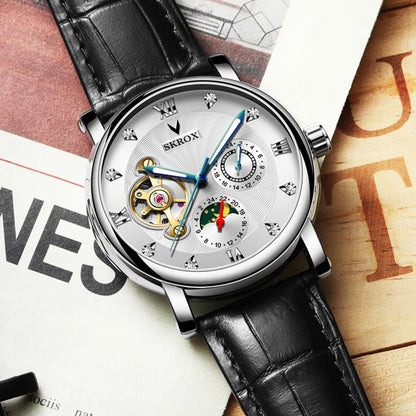 Luksusowy męski zegarek mechaniczny z automatycznym naciągiem, sygnowany przez renomowaną markę, wyposażony w tourbillon, wskaźnik faz księżyca i diamenty – elegancki zegarek na rękę.