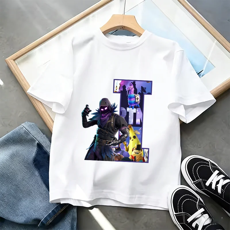 Тениска Fortnite A-Z Alphabet Print за деца, лятна бяла дреха, популярна тениска с анимационна игра, модерен ежедневен топ с къс ръкав, подарък