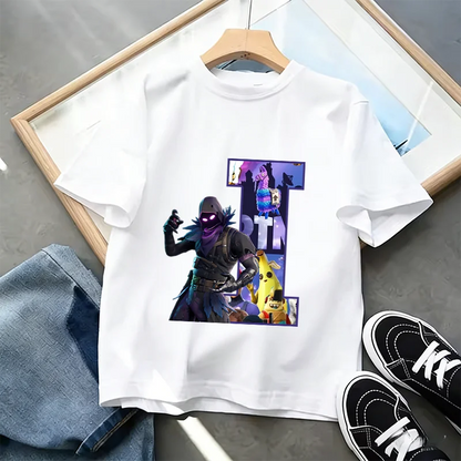 Тениска Fortnite A-Z Alphabet Print за деца, лятна бяла дреха, популярна тениска с анимационна игра, модерен ежедневен топ с къс ръкав, подарък