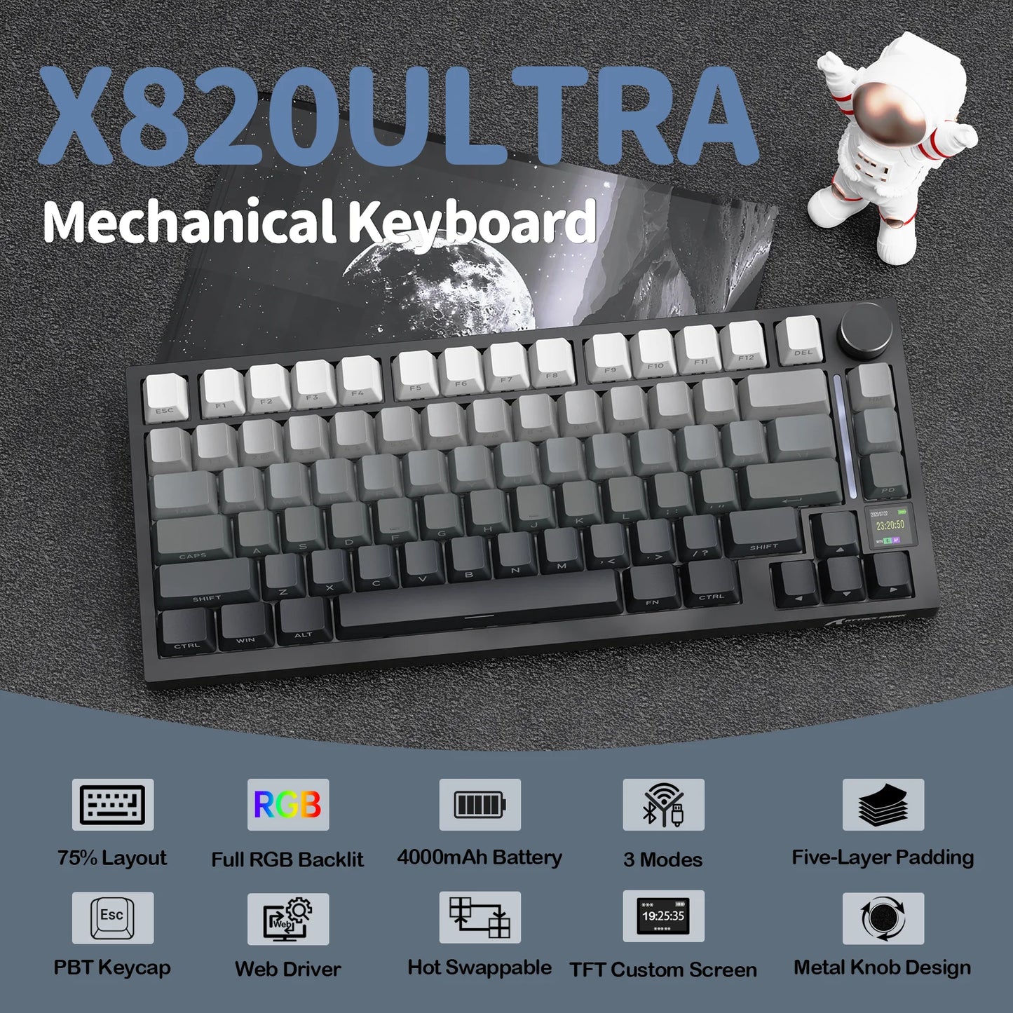 ATTACK SHARK X820 Ultra Gasket Mechanical Keyboard with TFT Screen & Knob, 75% ANSI Layout, Tri-mode, 5 Sound Absorbing Foams