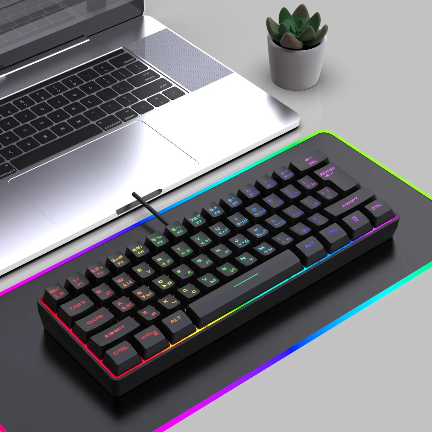 Gaming Keyboard,Russian/English RGB Backlit 61 Key Ultra-Compact Keyboard, Waterproof Mechanical Feeling Office aming Keyboards