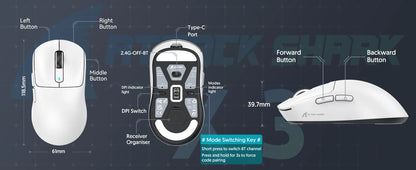 ATTACK SHARK X3 vezeték nélküli gaming egér, 49g ergonomikus PC egér, három üzemmód, PAW3395 26K DPI optikai érzékelő, programozható gombok