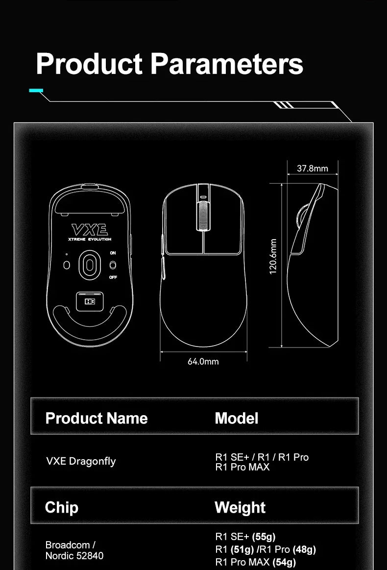 VXE Dragonfly R1 Pro MAX 2.4G WirelessGaming Mouse PAW3395 26000DPI 3-mode Connection with Low Latency Wired Gaming Mouse