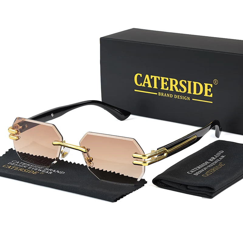 CATERSIDE Retro Rimless Sunglasses Men Polygonal Metal Frame High Quality Women Sun Glasses Outdoor Travel Gift Summer Style