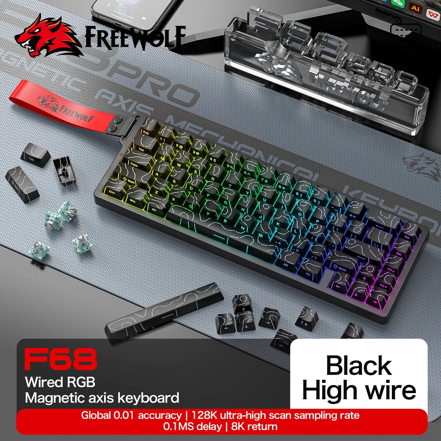 FREEWOLF F68 F68PRO Magnetic Gaming Keyboard Mechanical Wired for Pro Gaming 0.01mm Rapid Trigg 8000Hz SOCD/RS 0.1ms 128K Rate