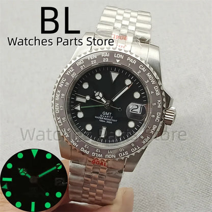 BLIGER 40mm 515 24H GMT Men's Watch Stainless Steel Clasp Luminous Quartz Movement Ceramic Bezel 10Bar Waterproof Sapphire Glass