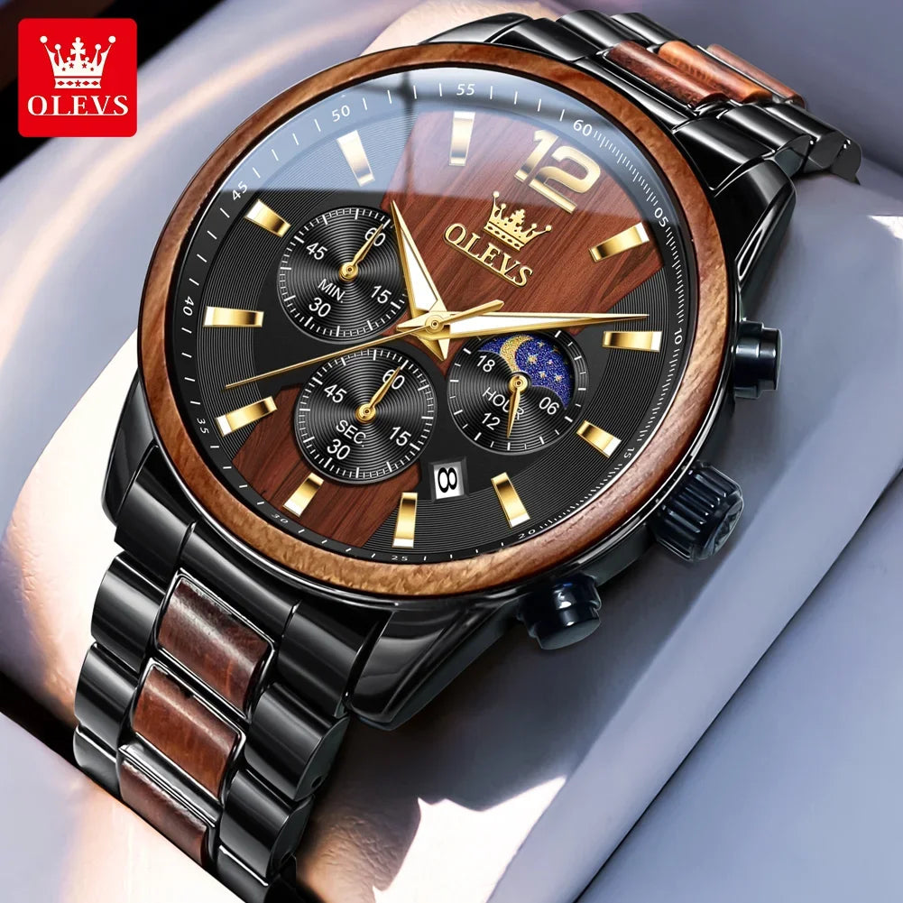 Reloj de hombre OLEVS 3645 de madera, de lujo, con iluminación nocturna, cronógrafo multifuncional, de cuarzo, estilo retro, reloj deportivo de moda.