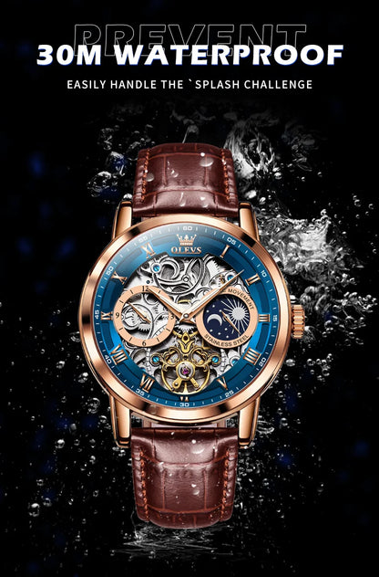 OLEVS Top Brand Men's Skeleton Mechanical Watch, Waterproof Leather Strap, Moon Phase, Automatic Tourbillon Wristwatch