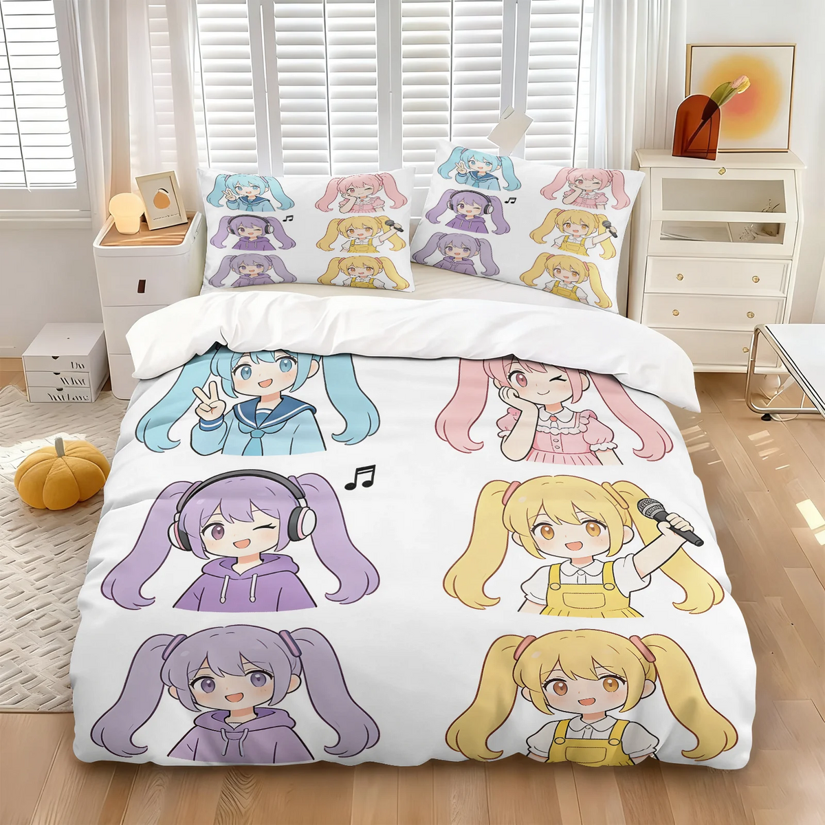 Komplet posteljnine Hatsune Miku v slogu chibi – simpatična anime posteljnina z vzglavniki za igralno sobo, dekoracija za otroško in najstniško spalnico, darilo za oboževalce