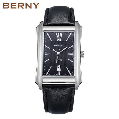 BERNY Watch for Men Rectangle Japan Quartz Wristwatch Waterproof Business Rectangular Dress Male Clock Top Genuine Leather Strap