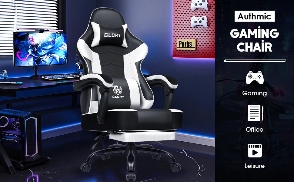 AUTHMIC Ergonomic Gaming Chair High Back Reclining Office Chair with Adjustable Lumbar Support, Headrest, Footrest & PC Gamer Seat