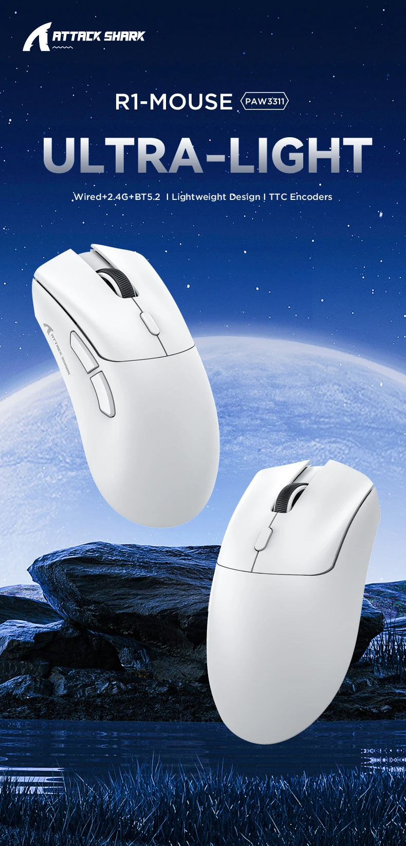 Attack Shark R1 Tri-Mode 2.4g-BT-Wired, PAW3311 18000DPI, 59g Lightweight Gaming Mouse