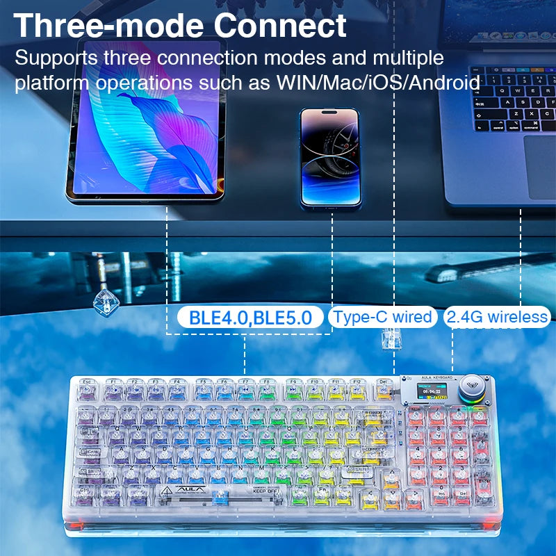 AULA F98PRO Wireless Mechanical Keyboard Transparent Keycaps RGB Backlit Custom 2.4G Hot Swappable Gaming Keyboard With Screem