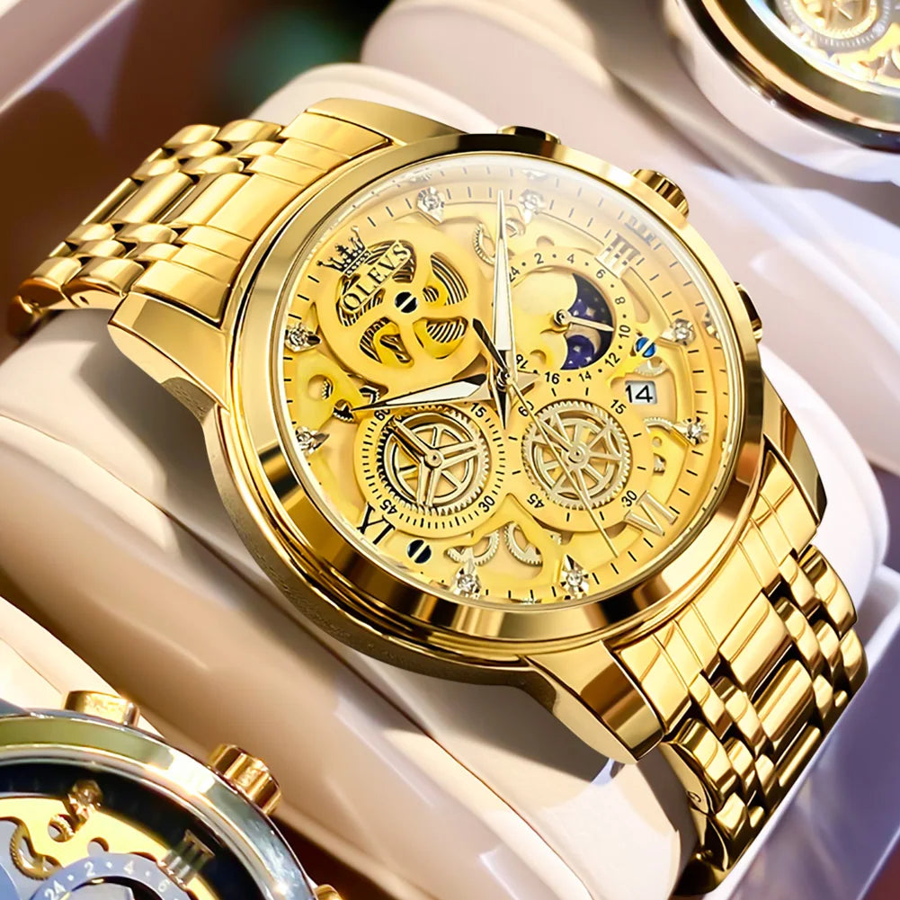 OLEVS Herrenuhr – Luxusmodell, wasserdicht, Quarzwerk, Skelett-Design, 24-Stunden-Anzeige (Tag/Nacht), goldfarben