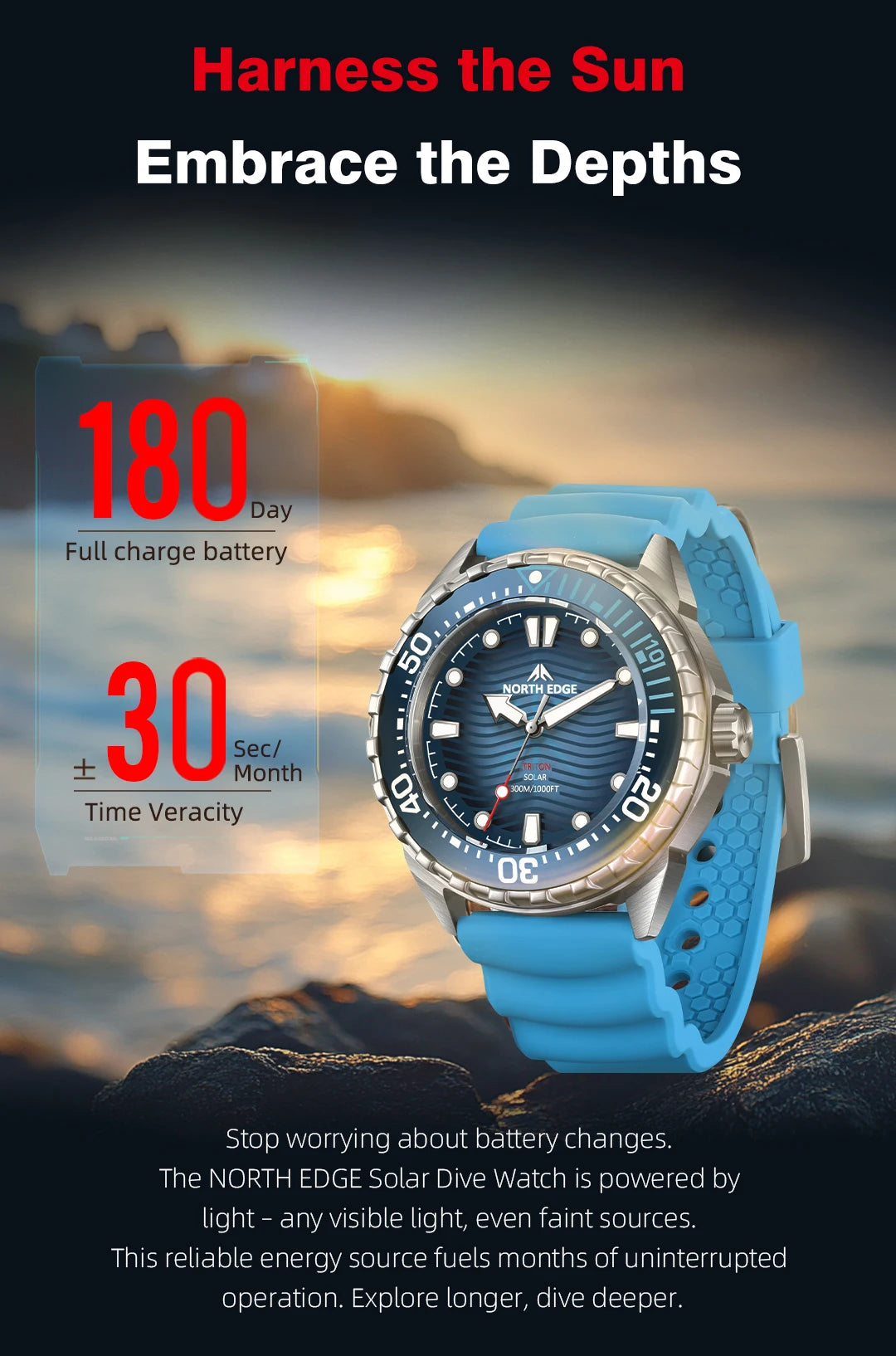 NORTH EDGE New TRITON Solar Powered Diving Watch for Man Luxury Quartz Wristwatches 316L Stainless Steel Case Waterproof 300M
