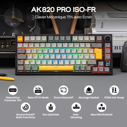 ISO-FR Layout EPOMAKER X AJAZZ AK820 PRO 75% AZERTY French Hot-Swap Wired/BT/2.4GHz Wireless Mechanical Keyboard for Win/Mac/PC