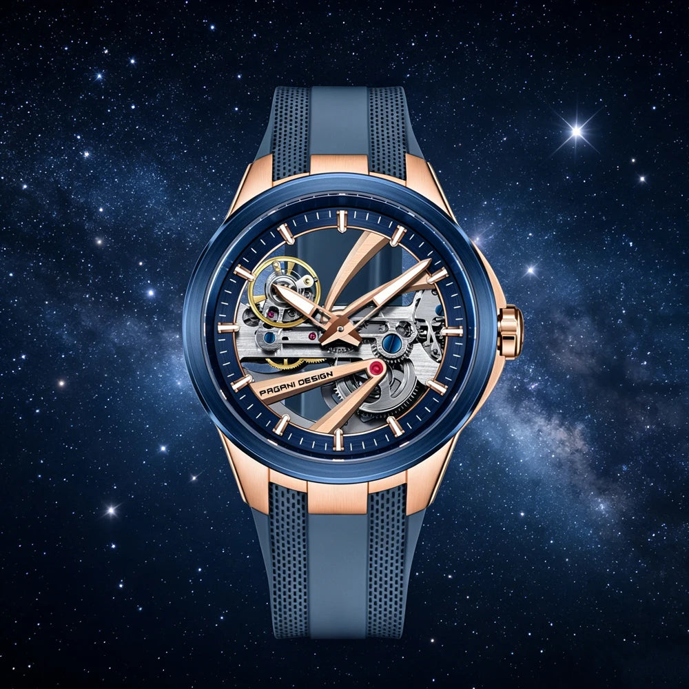 PAGANI DESIGN -miestenkello – Mekaaninen automaattinen luksusmalli, ”skelettityyppinen” (avoin rakenne), varustettu tourbillon-mekanismilla, heijastamattomalla safiirilasilla, vesitiivis ja valoa heijastava.