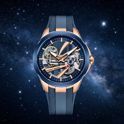 PAGANI DESIGN -miestenkello – Mekaaninen automaattinen luksusmalli, ”skelettityyppinen” (avoin rakenne), varustettu tourbillon-mekanismilla, heijastamattomalla safiirilasilla, vesitiivis ja valoa heijastava.