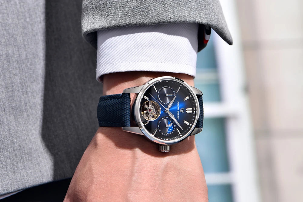 PAGANI DESIGN – Mechanische Luxusuhr für Herren, 41 mm, Saphirglas, Lederarmband, wasserdicht, Pilotenstil, mit Tourbillon und Mondphase