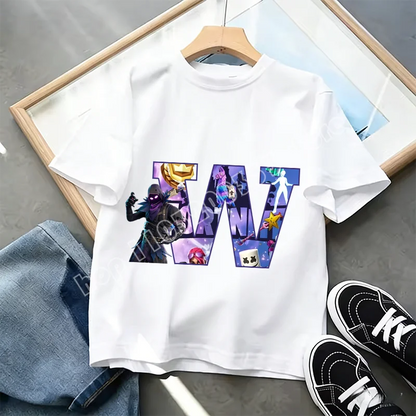 Тениска Fortnite A-Z Alphabet Print за деца, лятна бяла дреха, популярна тениска с анимационна игра, модерен ежедневен топ с къс ръкав, подарък