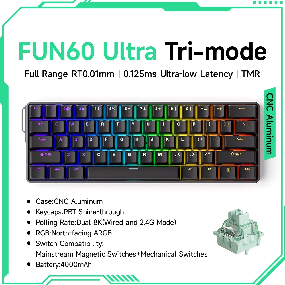 Akko MonsGeek FUN60 mechanische Tastatur mit Magnetschaltern, 60% Gaming-Tastatur, Rapid Trigger 0.01mm, 8K ARGB, HE/TMR Custom-Tastatur