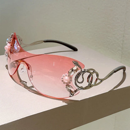 KAMMPT Rimless Y2k Sunglasses with Rhinestones Women Fashion Monoblock Outdoor Decor Shades Trendy Design Gradient Sun Glasses