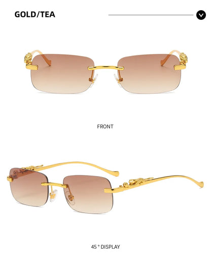 New Rimless Rectangle Vintage Metal Leopard Head Sunglasses Fashion Frameless Tinted Glasses Shades for Women Men