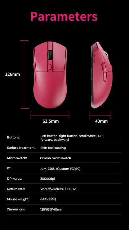 DAREU Kabellose Gaming-Maus 8khz Abtastrate AIM-750 (3950) 30000 DPI Tri-Mode-Gamer-Maus 60g mit Ladestation