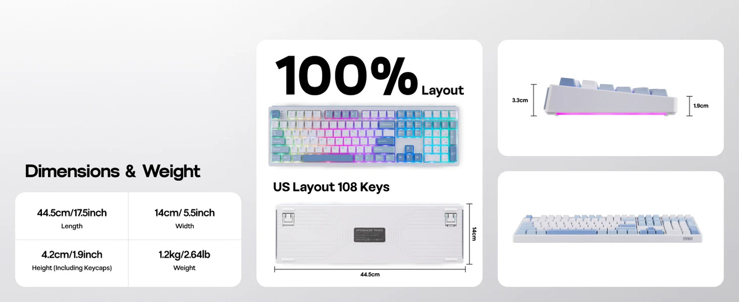 EPOMAKER TH108 100% Full Size Hot-Swap Gasket-Mounted Wired/Bluetooth/2.4Ghz Wireless Mechanical Keyboard with 10000mAh Battery