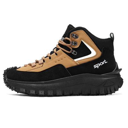 Black And Tan Mid Top Hiking Boots Suede And Leather Platform Sneakers Non Slip Outdoor Casual Shoes With Rugged Sole For All