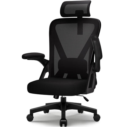 Ergonomic Office Chair with Adjustable Lumbar Support, Reclining Computer Desk Chair 90°-135°, Adjustable Headrest & Flip-Up Armrests