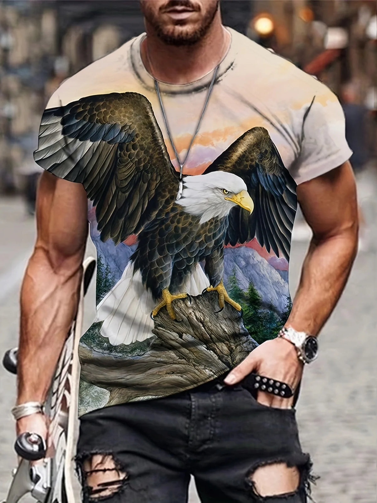 Modne majice z grafiko Eagle Luksuzne majice Poletne moške majice Sproščene majice Majice s kratkimi rokavi 3D-tiskanje Moška oblačila