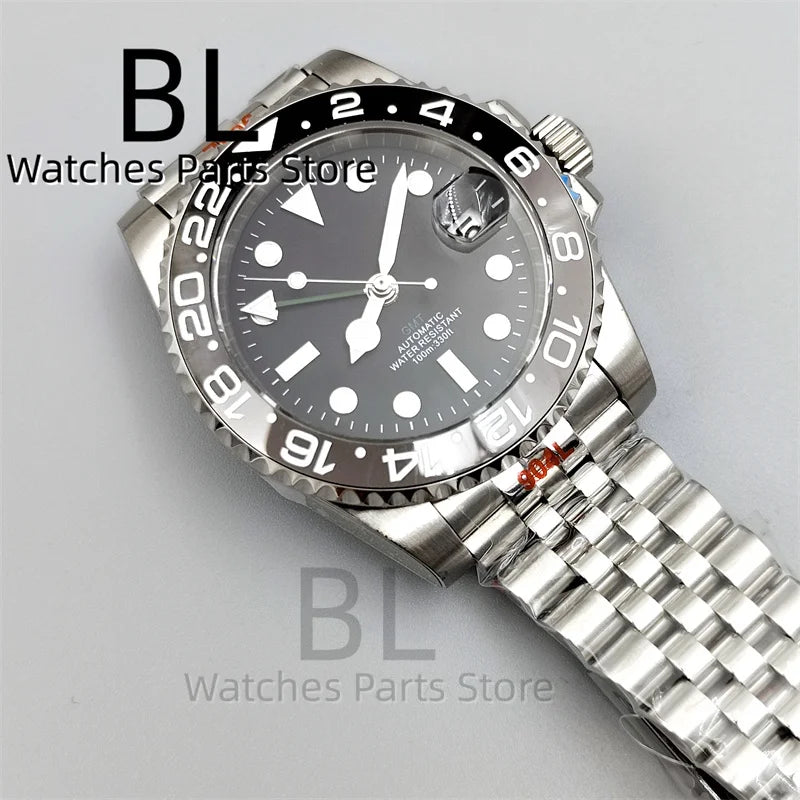 BLIGER 40mm NH34 GMT Watch For Men With Black Gray Ceramic Bezel Sapphire Glass Green Gmt Hands Green GMT Text Jubilee Bracelet