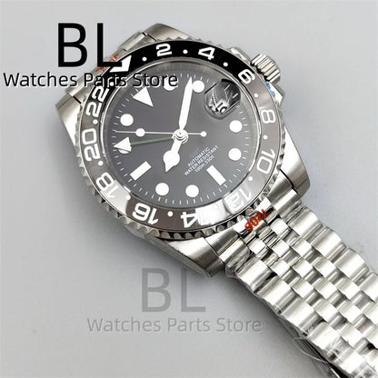 BLIGER 40mm NH34 GMT Watch For Men With Black Gray Ceramic Bezel Sapphire Glass Green Gmt Hands Green GMT Text Jubilee Bracelet