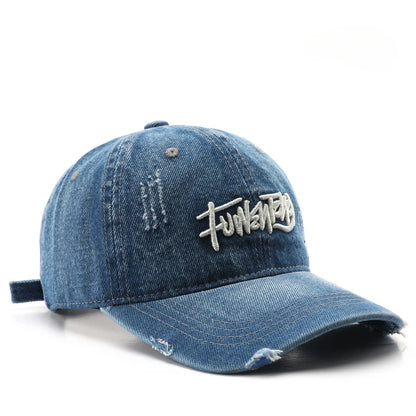 Japanese Retro Washed Denim Letter Embroidered Cap Outdoor Sports Mens Travel Sun Hat Baseball Cap Classic Versatile Comfortable
