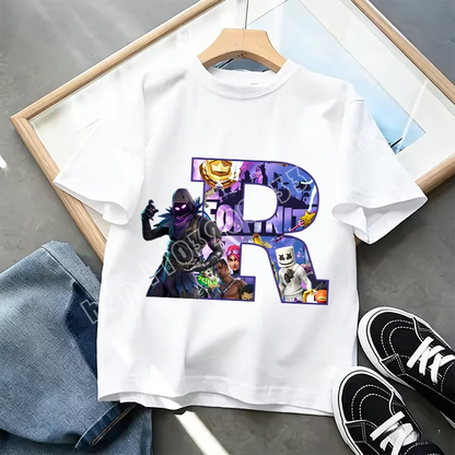 Тениска Fortnite A-Z Alphabet Print за деца, лятна бяла дреха, популярна тениска с анимационна игра, модерен ежедневен топ с къс ръкав, подарък