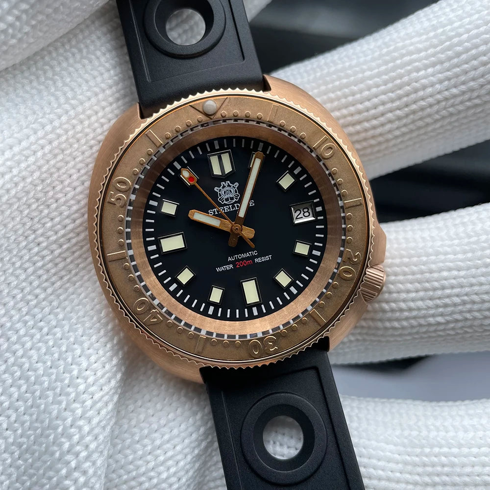 STEELDIVE Men Bronze Dive Watch 200M Water Resistant Ceramic Bronze Bezel Automatic Movement Wristwatch